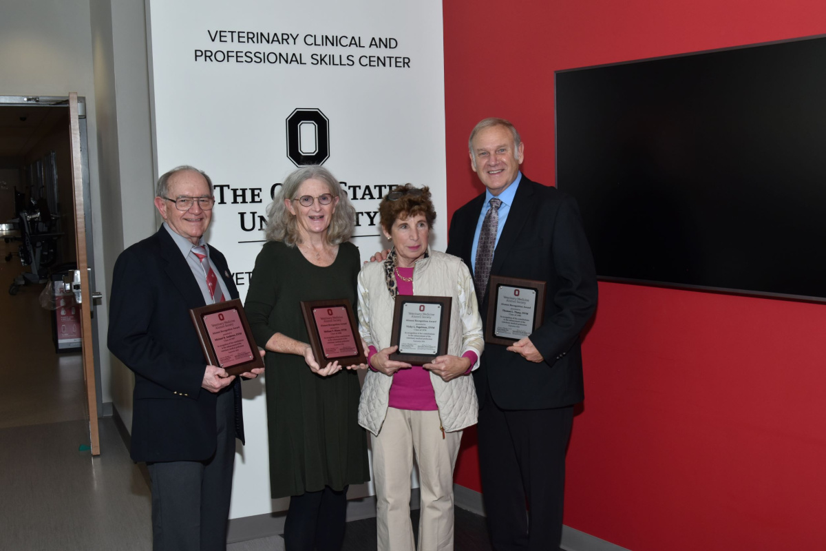  Recipients of the Alumni Recognition Award include Michael Andrews, DVM '67; Melissa Hines, DVM '80; Vicky Fogelman, DVM '74 and Thomas Tharp, DVM '80.