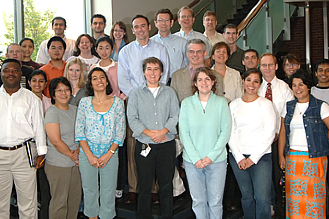 Center for Retrovirus Research Group Members in college lobby in 2006