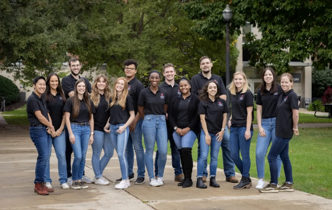 diverse student ambassadors standing outside vet campus